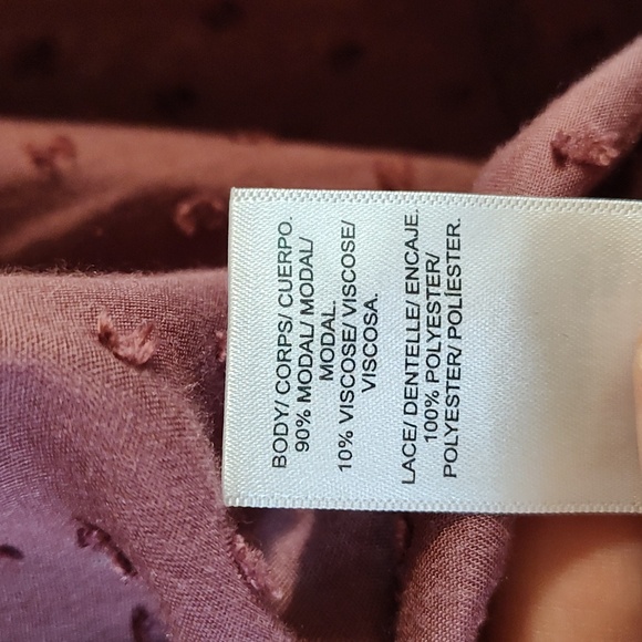 Lucky Brand Boho Cropped Swiss Dot Peasant Blouse Mauve Modal Blend Flowy Lace L - Picture 10 of 11